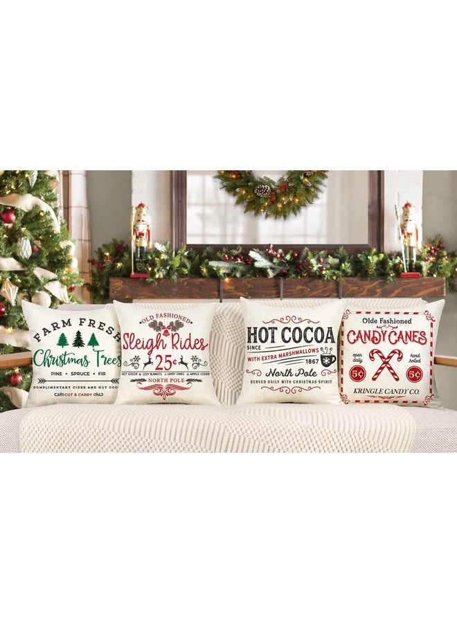 4TH Emotion Farmhouse Christmas Pillow Covers 20x20 Set of 4 Winter Holiday Decorations Xmas Rustic Throw Cushion Case for Sofa Couch Home Decor (Sleigh Rides, Farm Fresh Tree, Cocoa, Candy Canes) - Image 2