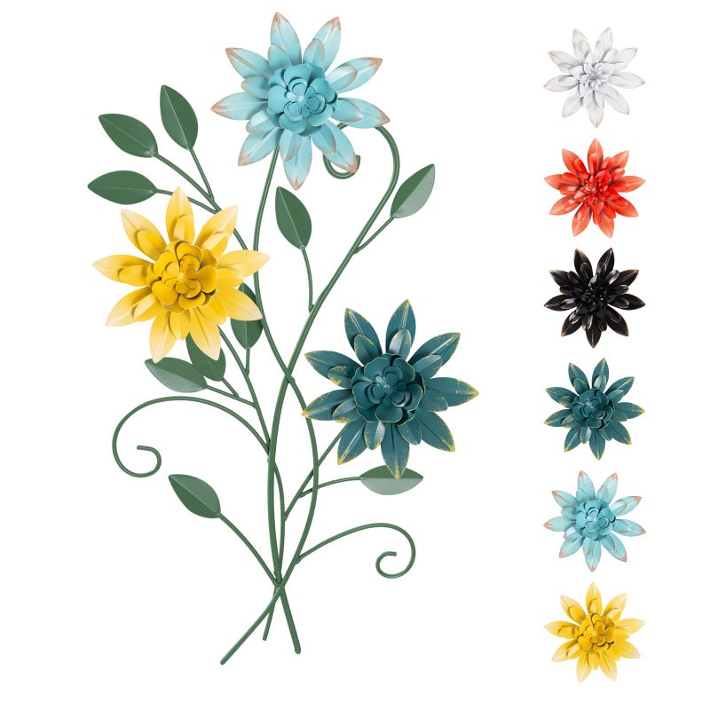 KHJCXS 1912 Metal Flower Leaf Wall Art with 6 Piece Interchangeable Flowers Modern Rustic Iron Artwork Hanging Decor for Home Bedroom Living Room Dining Room Kitchen Office - Image 2