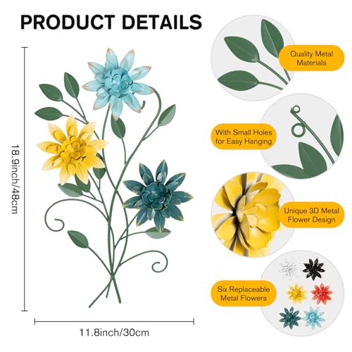 KHJCXS 1912 Metal Flower Leaf Wall Art with 6 Piece Interchangeable Flowers Modern Rustic Iron Artwork Hanging Decor for Home Bedroom Living Room Dining Room Kitchen Office - Image 3