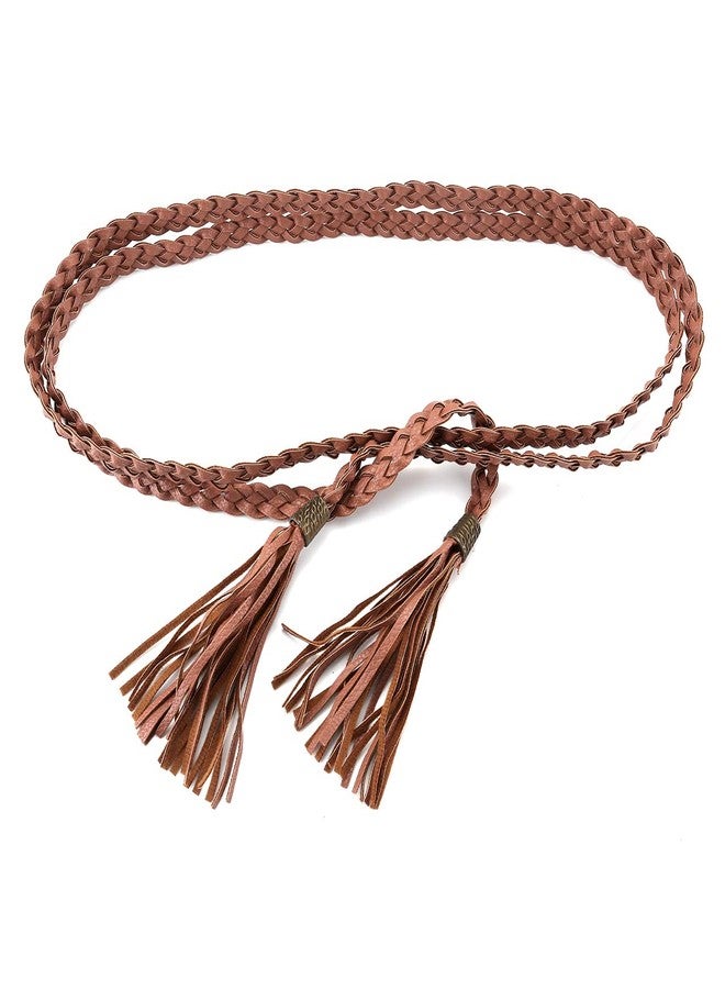 Ayliss Women Tassel Braided Waist Belt Skinny Woven Belt for Dress (Camel) - Image 4