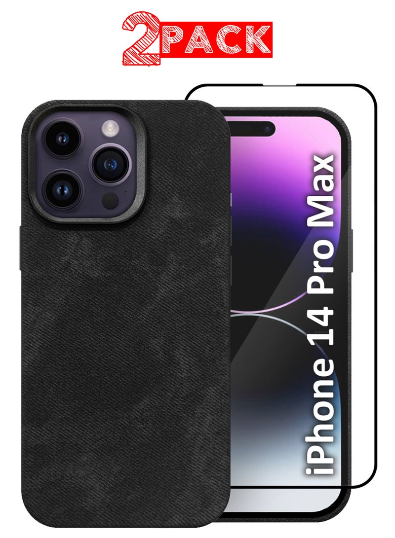 CATANES 2Packs iPhone 14 Pro Max Alcantara Case Cover Premium Quality Luxurious Soft Touch Protection with Metal Camera Frame with a 3D Screen Protector - Black  - Image 1
