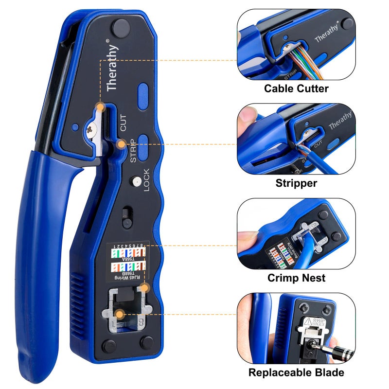 Therathy RJ45 Crimp Tool Kit, Ethernet Crimping Tool Kit for Pass Through RJ45 Connectors, Ethernet Crimper with Cat 6 Connectors (Cat5 Cat5e Cat6 Crimping Tool Kit) - Image 2