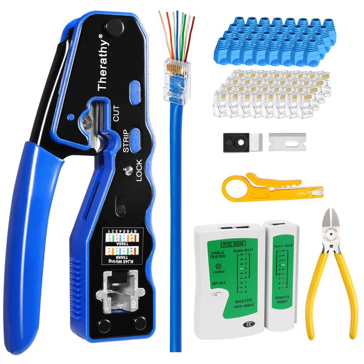 Therathy RJ45 Crimp Tool Kit, Ethernet Crimping Tool Kit for Pass Through RJ45 Connectors, Ethernet Crimper with Cat 6 Connectors (Cat5 Cat5e Cat6 Crimping Tool Kit) - Image 1