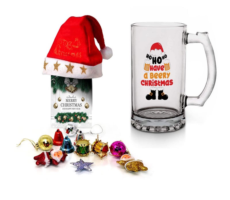 Kesri Gifts Kesri Gifts Christmas Gift Set Printed Beer Mug 12 Christmas Ornaments with Santa Cap Xmas Greeting Card for Xmas Gift ComboxmBrm21233 - Image 1