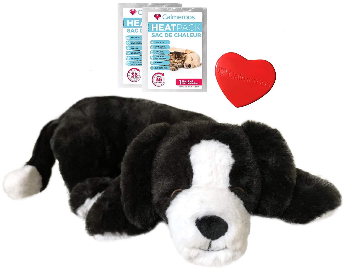 Calmeroos Puppy Heartbeat Toy Sleep Aid with 2 Long-Lasting Heat Packs Last 36 Hours Each Puppy Anxiety Relief Soother Dogs Cuddle Calming Behavioral Aid for Pets (Black and White)