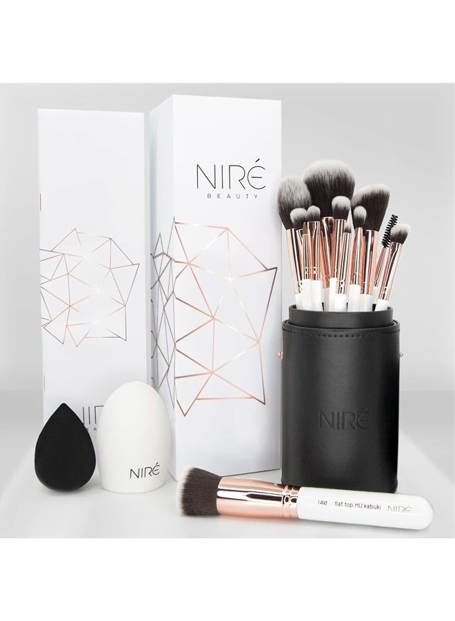 Niré Beauty White 15piece Award Winning Professional Makeup Brush Set: Vegan Makeup Brushes with Case, Makeup Sponge, Cleaner, Guide, Gift Box - Image 1