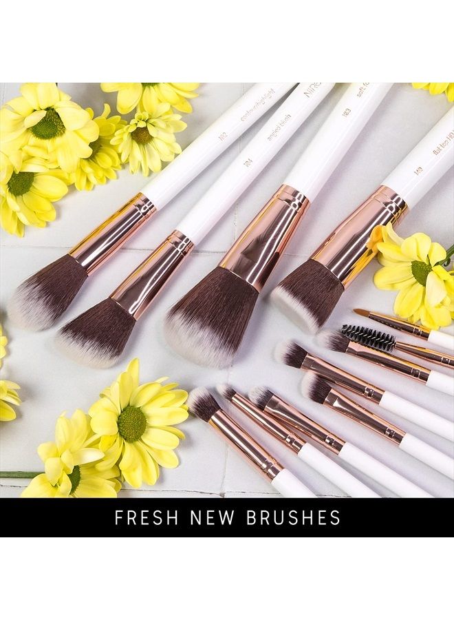 Niré Beauty White 15piece Award Winning Professional Makeup Brush Set: Vegan Makeup Brushes with Case, Makeup Sponge, Cleaner, Guide, Gift Box - Image 3