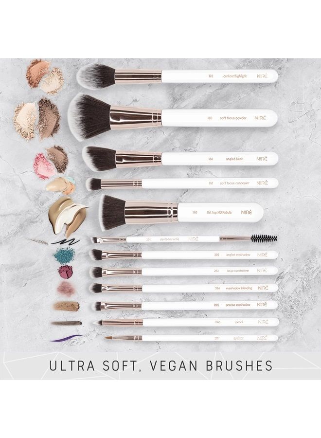Niré Beauty White 15piece Award Winning Professional Makeup Brush Set: Vegan Makeup Brushes with Case, Makeup Sponge, Cleaner, Guide, Gift Box - Image 2