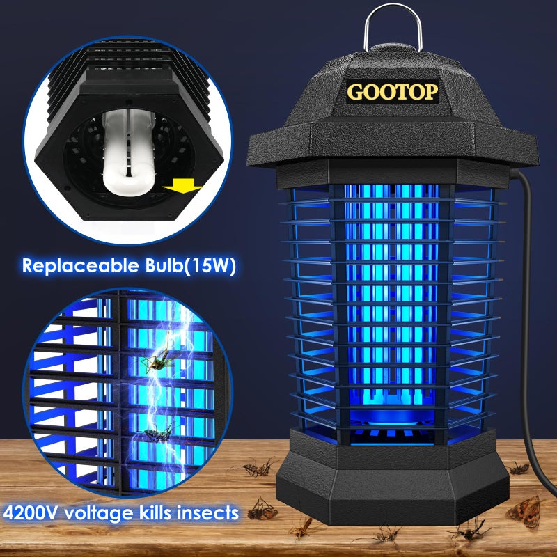 GOOTOP Bug Zapper Outdoor, Mosquito Zapper, 3 Prong Plug in Electric Fly Zapper, Mosquito Killer, Fly Traps, Flying Insects Zapper Indoor Outdoor 90-130V, 4200V, ABS Plastic Outer (Black) - Image 3