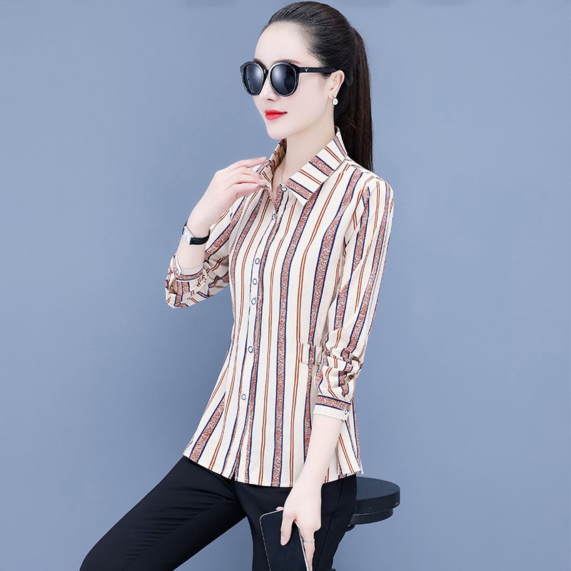 Autumn New Western Style Striped Shirt Long-sleeved plus size Elegant Size Mother's All-match Slim-fit Slimming Chiffon Shirt in stock - Image 5