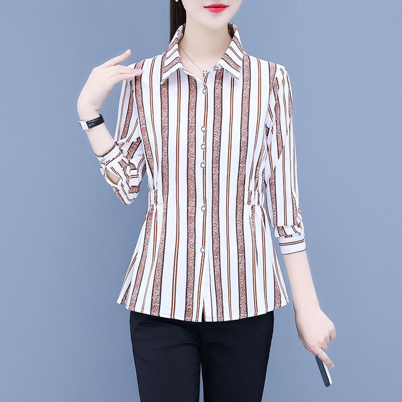 Autumn New Western Style Striped Shirt Long-sleeved plus size Elegant Size Mother's All-match Slim-fit Slimming Chiffon Shirt in stock - Image 1