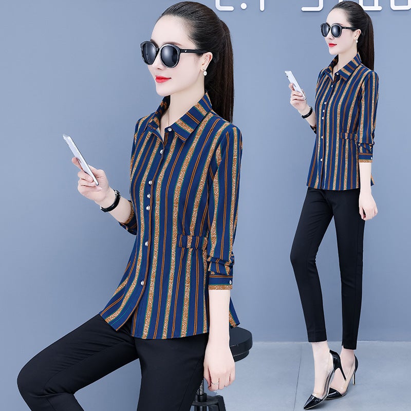Autumn New Western Style Striped Shirt Long-sleeved plus size Elegant Size Mother's All-match Slim-fit Slimming Chiffon Shirt in stock - Image 4
