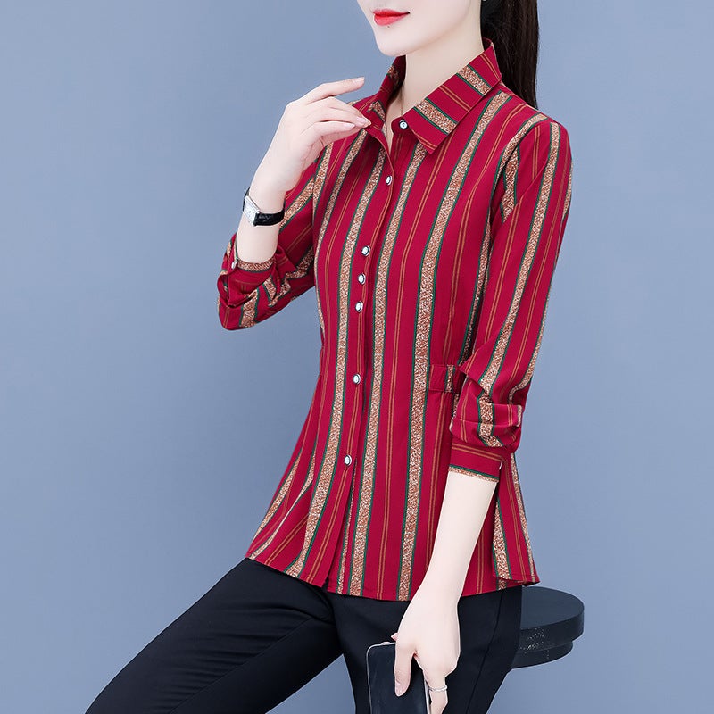 Autumn New Western Style Striped Shirt Long-sleeved plus size Elegant Size Mother's All-match Slim-fit Slimming Chiffon Shirt in stock - Image 2