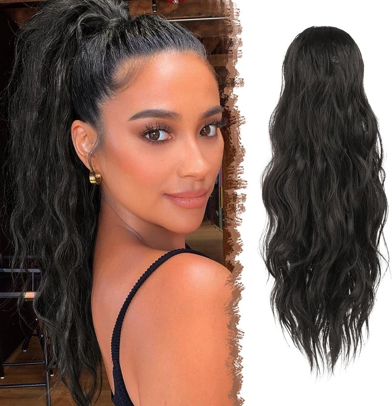 FESHFEN Ponytail Extensions Drawstring Ponytails Hair Extension Darkest Brown Long Curly Wavy Hair Piece Synthetic Brown Pony Tail Hairpieces for Women 18 inch