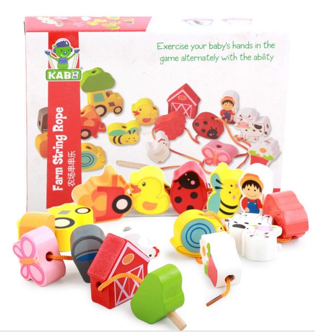 Newraturner Lacing Farm Toy Wooden Block Set, Early Educational Toys String & Lacing Beads Games for Toddlers Kids Farm Animal Learning Play Set (16 Pieces) - Image 1