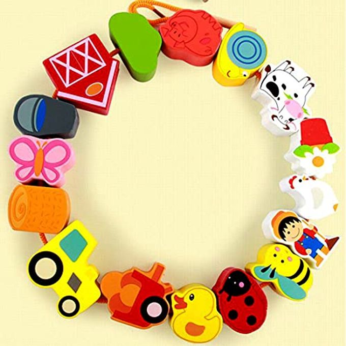 Newraturner Lacing Farm Toy Wooden Block Set, Early Educational Toys String & Lacing Beads Games for Toddlers Kids Farm Animal Learning Play Set (16 Pieces) - Image 2