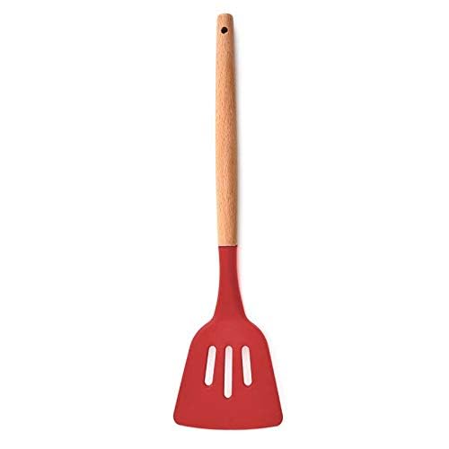 P-Plus International Silicone Slotted Spatula, High Heat Resistant to 480°F, BPA Free, Food Grade Slotted Turner, Wooden Handle Nonstick Flipper for Fish, Eggs (Red, Pack of 1) - Image 2