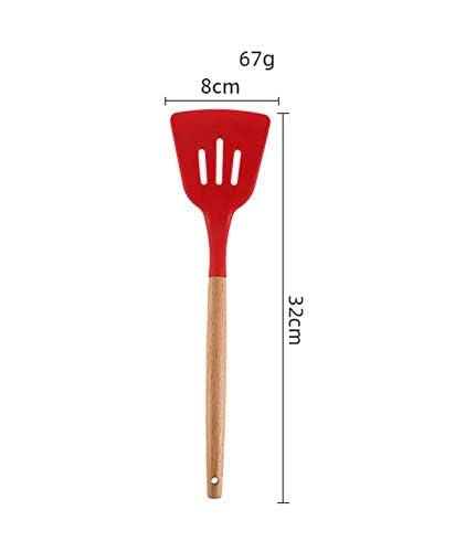 P-Plus International Silicone Slotted Spatula, High Heat Resistant to 480°F, BPA Free, Food Grade Slotted Turner, Wooden Handle Nonstick Flipper for Fish, Eggs (Red, Pack of 1) - Image 3