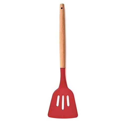 P-Plus International Silicone Slotted Spatula, High Heat Resistant to 480°F, BPA Free, Food Grade Slotted Turner, Wooden Handle Nonstick Flipper for Fish, Eggs (Red, Pack of 1) - Image 1