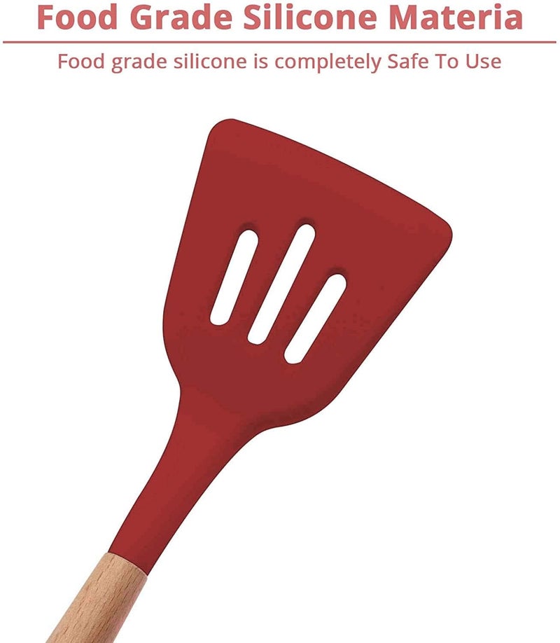 P-Plus International Silicone Slotted Spatula, High Heat Resistant to 480°F, BPA Free, Food Grade Slotted Turner, Wooden Handle Nonstick Flipper for Fish, Eggs (Red, Pack of 1) - Image 5