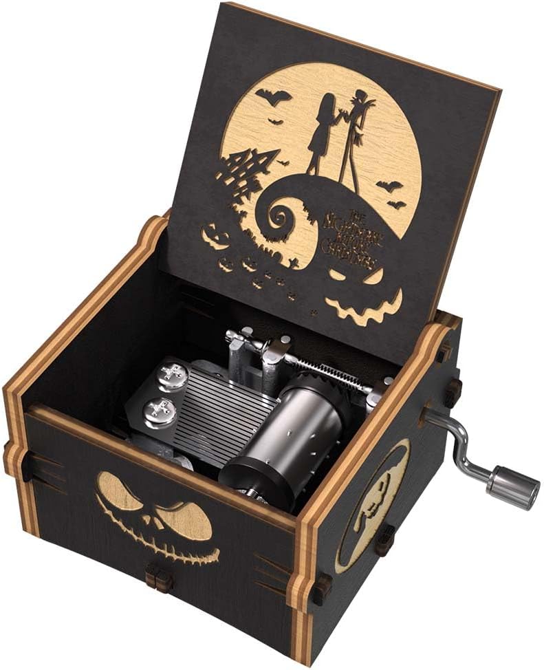 Ucuber Before Christmas Music Box, Engraved Mini Wood Music Box Gift, Melody This is Halloween, Home Decor for Halloween Valentines Christmas Boys and Girls - Image 1