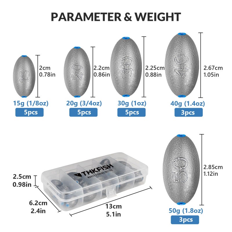 THKFISH Egg Lead Fishing Weights sinkers Kit Fishing Oval Sinkers Tackle Saltwater FreshwaterMixed gram 21pcs - Image 4