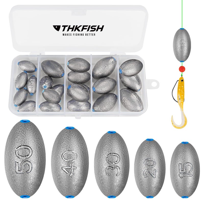 THKFISH Egg Lead Fishing Weights sinkers Kit Fishing Oval Sinkers Tackle Saltwater FreshwaterMixed gram 21pcs - Image 1