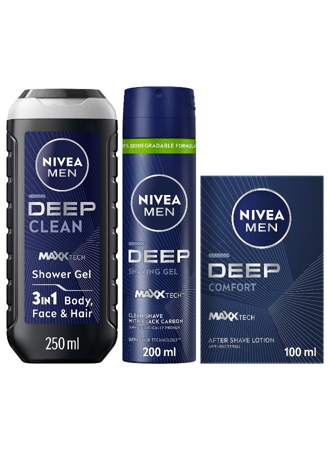 Nivea Men Deep Clean Shave Shaving Gel, 200ml + Men Deep After Shave Lotion, 100ml + Men Deep Shower Gel With - Image 1