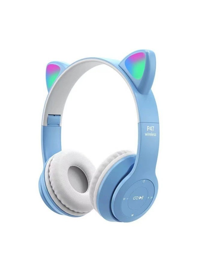 Generic - Cat Ear Luminous Bluetooth Headset P47M Cartoon Student Wireless Game P9 Headset-Color:p47m Light Blue - Image 1