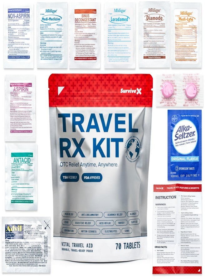 SurviveX Travel Medicine Kit - Compact TSA-Approved Medication Pack for Travel, Camping, Cruises - Includes Over-The-Counter Individual Medicine Packets - Image 1