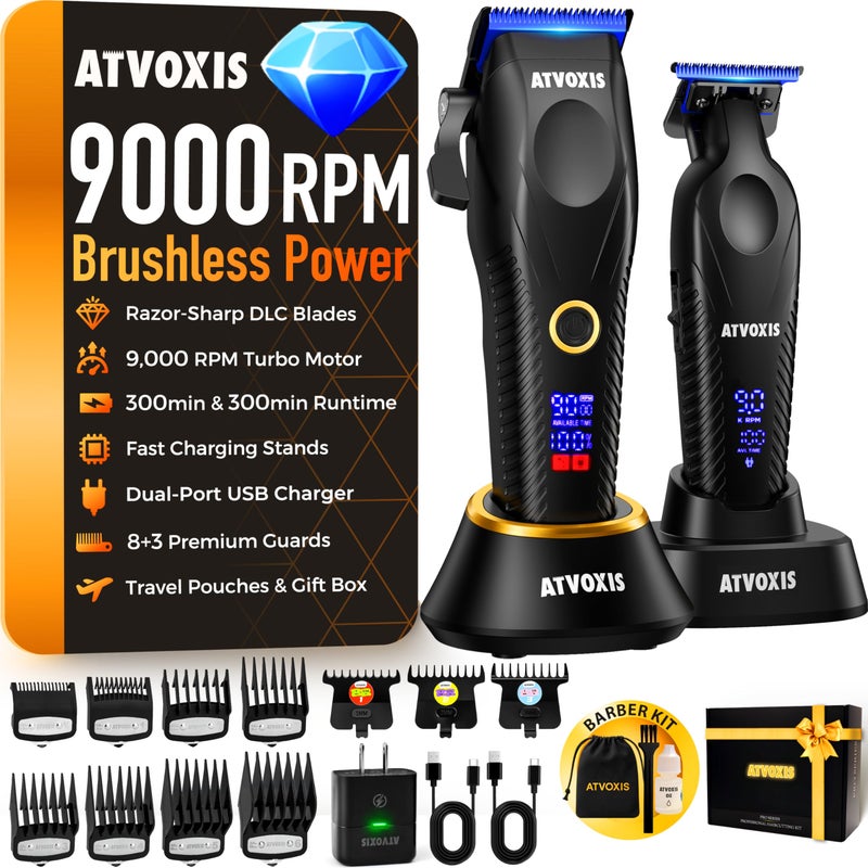 ATVOXIS 9000 RPM Brushless Motor Professional Hair Clippers Set for Men: Cordless Clippers & Zero Gap Trimmers with DLC Blades LED Display Fast Charging Stands Travel Pouch Maquina Para Cortar Pelo De Hombre - Image 1