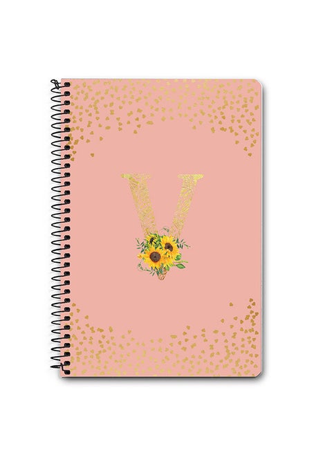 Designer A5 Spiral Notebook Memo Notepad Journal - Custom Monogram Initial Letter Mandala Floral Pattern Alphabet - V - Rose Pink