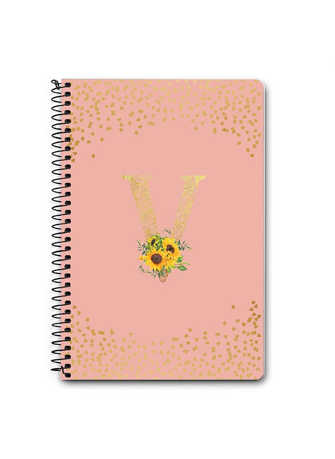 Designer A5 Spiral Notebook Memo Notepad Journal - Custom Monogram Initial Letter Mandala Floral Pattern Alphabet - V - Rose Pink