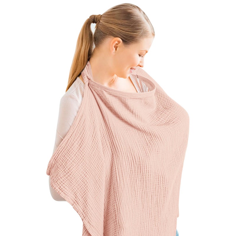 Konssy Muslin Nursing Cover for Baby Breastfeeding, Breathable 100% Cotton Breastfeeding Cover with Rigid Hoop for Mother Nursing Apron, Multi-use Carseat Canopy (Pink) - Image 1