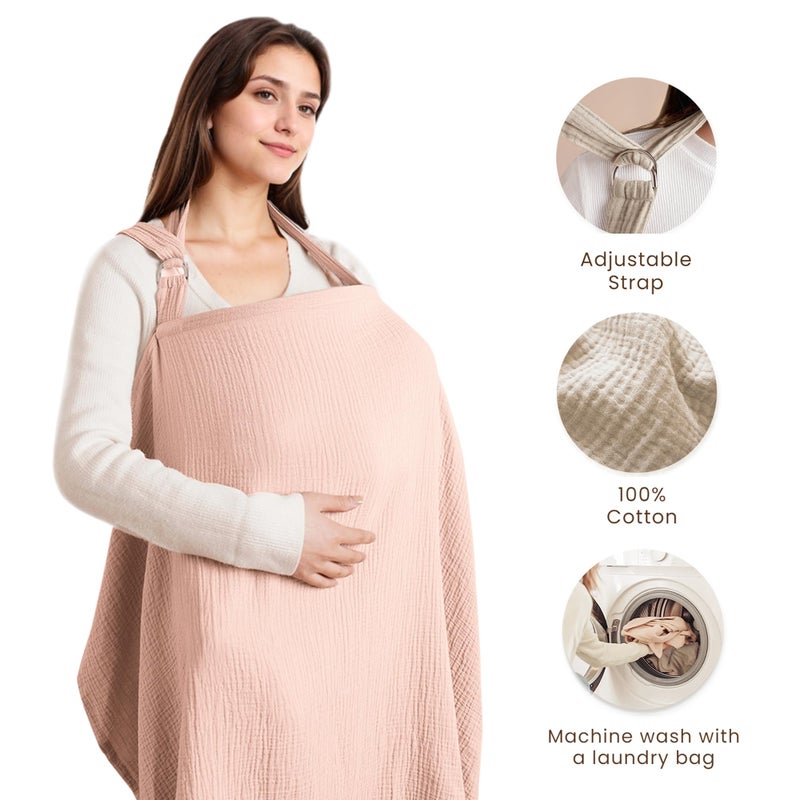 Konssy Muslin Nursing Cover for Baby Breastfeeding, Breathable 100% Cotton Breastfeeding Cover with Rigid Hoop for Mother Nursing Apron, Multi-use Carseat Canopy (Pink) - Image 2