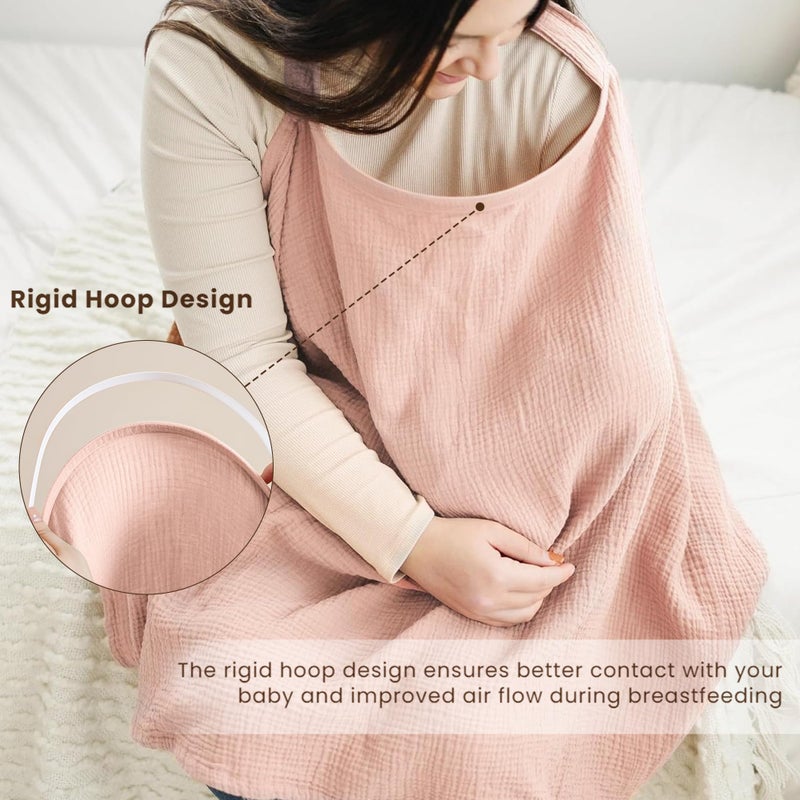 Konssy Muslin Nursing Cover for Baby Breastfeeding, Breathable 100% Cotton Breastfeeding Cover with Rigid Hoop for Mother Nursing Apron, Multi-use Carseat Canopy (Pink) - Image 3