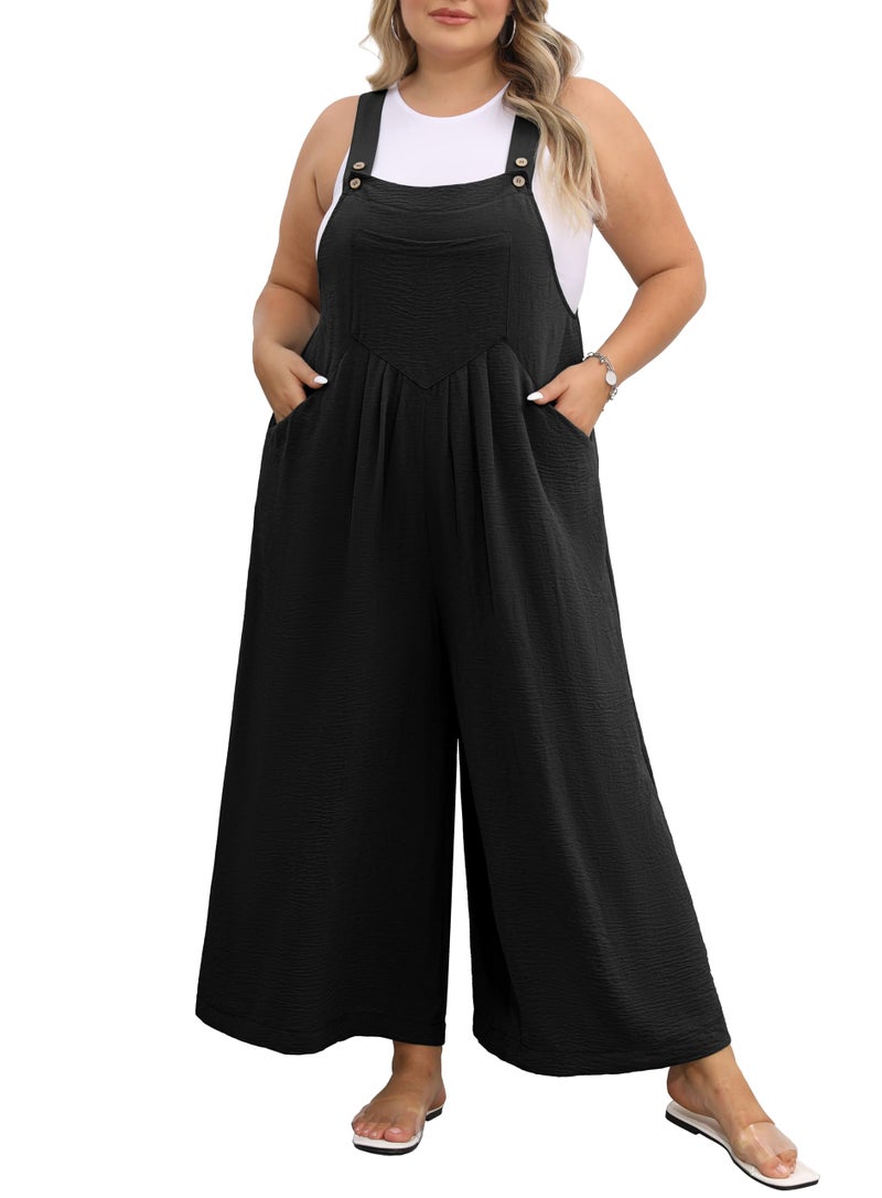 OLRIK Plus Size Jumpsuit for Women â€“ Loose Fit Wide Leg Pants Adjustable Overalls Casual Spring Jumper Black-3X - Image 1