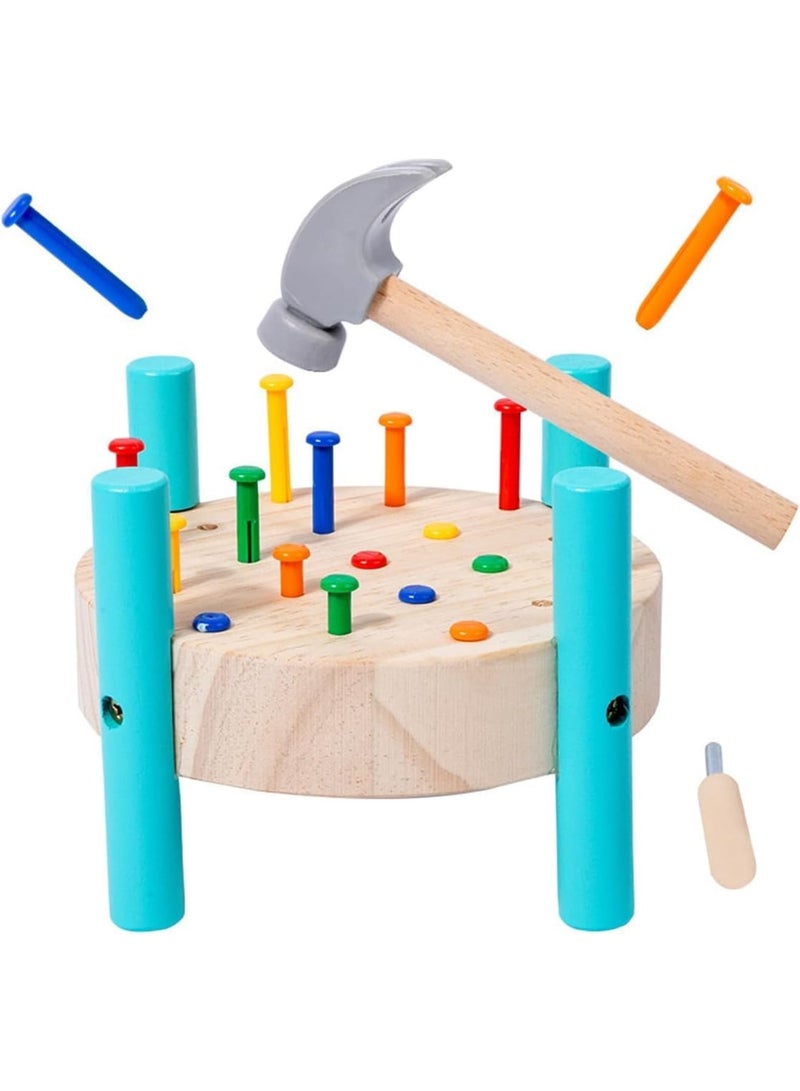 SYOSI Wooden Baby Workbench, Toddler Pounding Hammer Toy STEM Educational Preschool Learning Tool, Durable Wooden Construction with Colorful Pieces for Kids Aged 1 and Up, Natural Wood - Image 1
