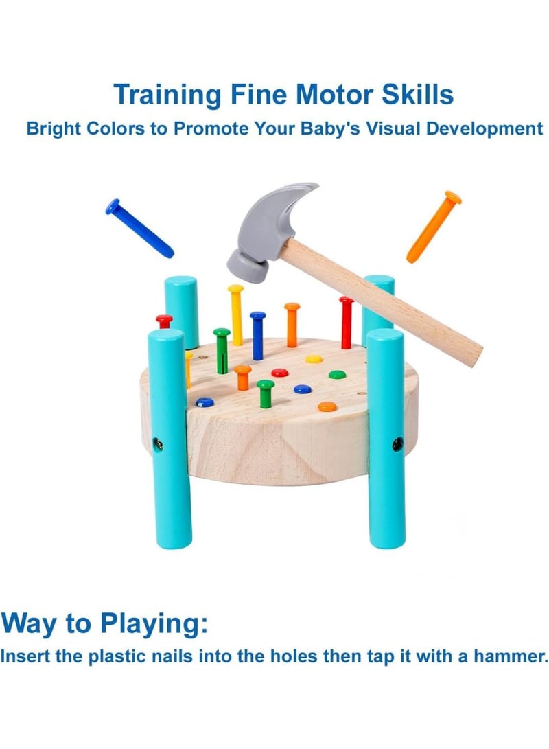 SYOSI Wooden Baby Workbench, Toddler Pounding Hammer Toy STEM Educational Preschool Learning Tool, Durable Wooden Construction with Colorful Pieces for Kids Aged 1 and Up, Natural Wood - Image 4