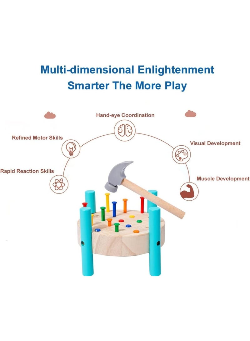 SYOSI Wooden Baby Workbench, Toddler Pounding Hammer Toy STEM Educational Preschool Learning Tool, Durable Wooden Construction with Colorful Pieces for Kids Aged 1 and Up, Natural Wood - Image 3