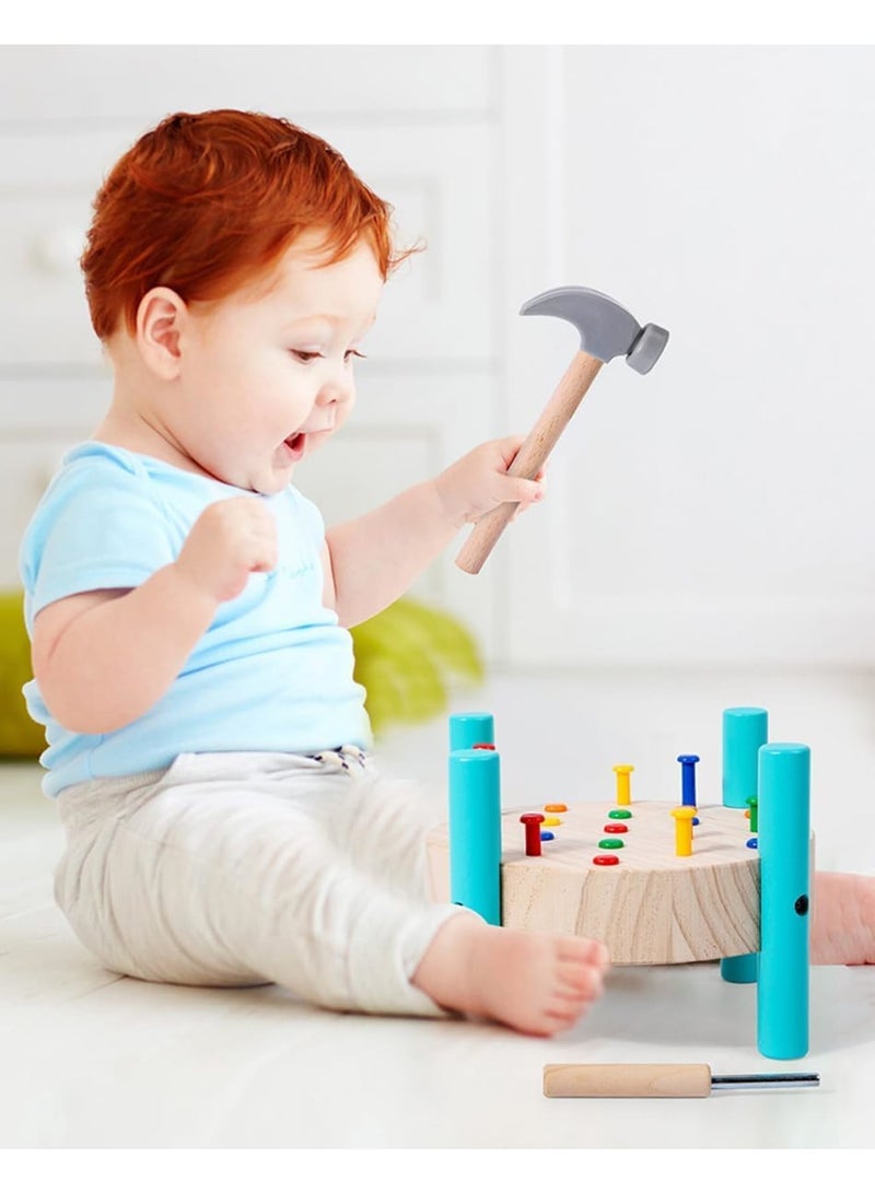 SYOSI Wooden Baby Workbench, Toddler Pounding Hammer Toy STEM Educational Preschool Learning Tool, Durable Wooden Construction with Colorful Pieces for Kids Aged 1 and Up, Natural Wood - Image 2