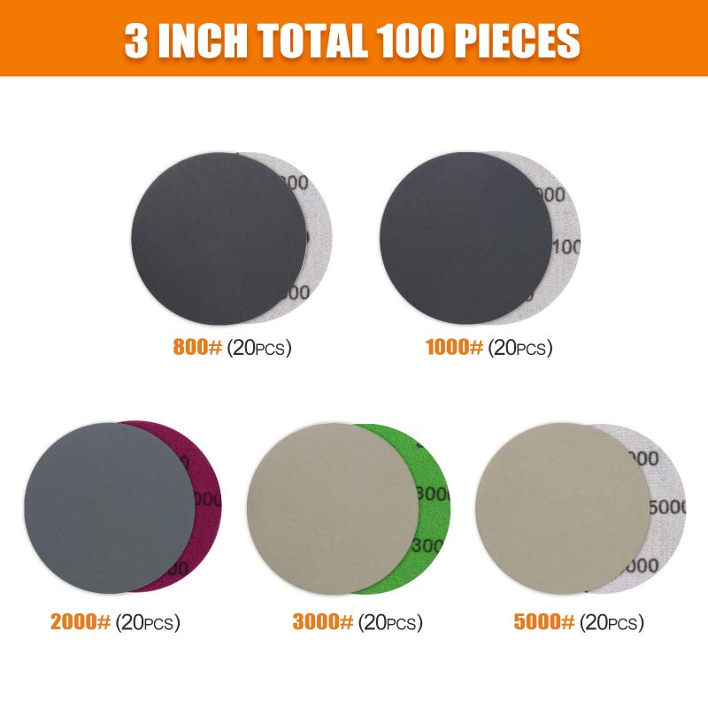 POLIWELL 3 Inch (75mm) Assorted 800/1000/2000/3000/5000 Grit Premium Heavy Duty Silicon Carbide Wet/Dry Hook & Loop Sanding Discs with 1/4 inch Shank Sanding Pad + Foam Buffering Pad, 100PCS - Image 5
