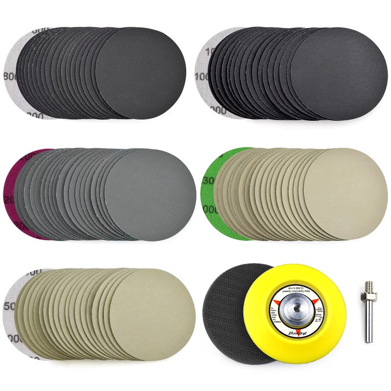 POLIWELL 3 Inch (75mm) Assorted 800/1000/2000/3000/5000 Grit Premium Heavy Duty Silicon Carbide Wet/Dry Hook & Loop Sanding Discs with 1/4 inch Shank Sanding Pad + Foam Buffering Pad, 100PCS - Image 1