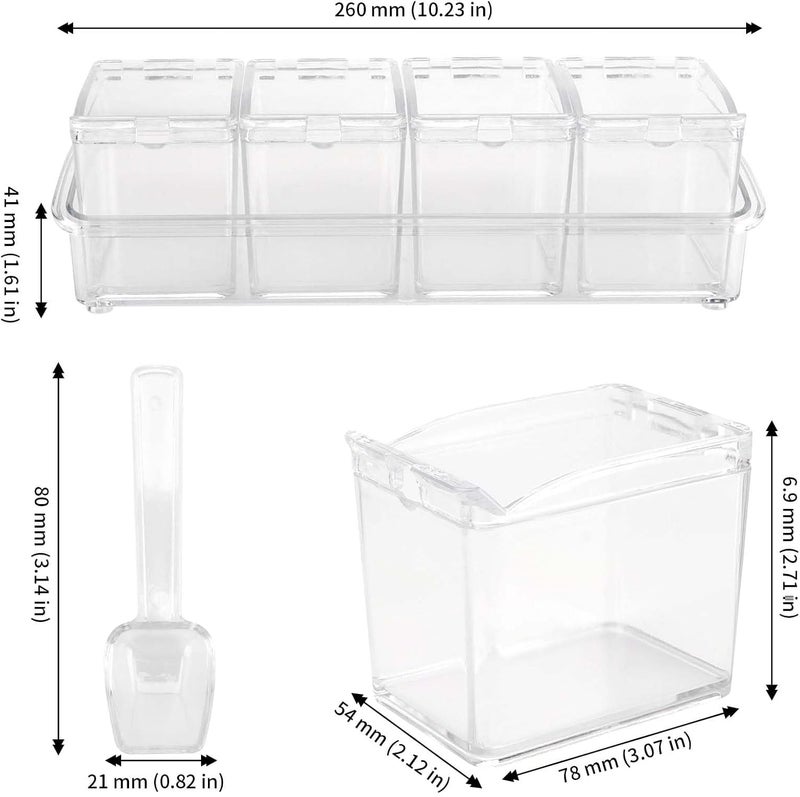 JAPCHET 3 Pack 4 Cell Clear Seasoning Box with Spoons 102  354  3 inch Seasoning Storage Container with Cover Clear Seasoning Rack Spice Pots for Spice Salt Sugar - Image 2