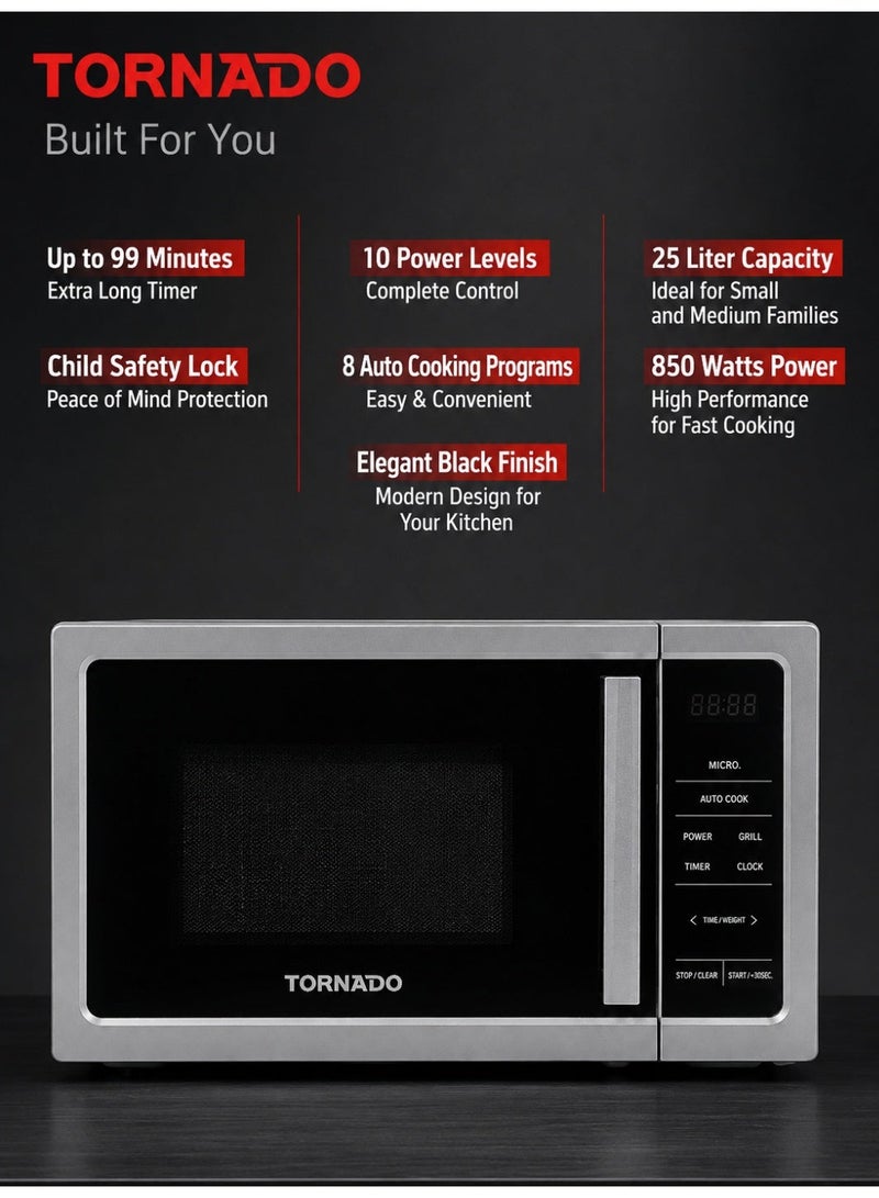 TORNADO 25L Solo Microwave Oven, 900W Power, Silver Front with Mirror Door & Stainless Steel Frame, Auto Menu, Defrost Function, Push Button Door Open - TMDS-25-S-A - 1-Year Free Warranty - Image 1
