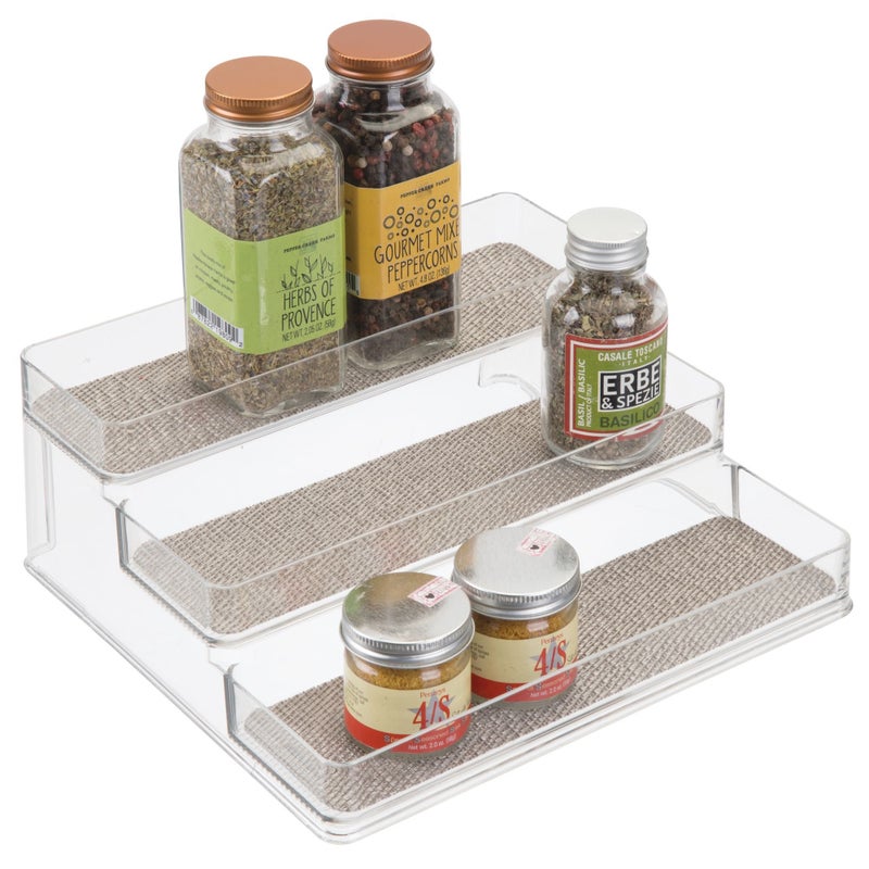 InterDesign iDesign Twillo Plastic Stadium Spice Rack, 3-Tier Organizer for Kitchen Pantry, Cabinet, Countertops, Vanity, Office, Craft Room, 9.2" x 10" x 4", Metallico and Clear - Image 1