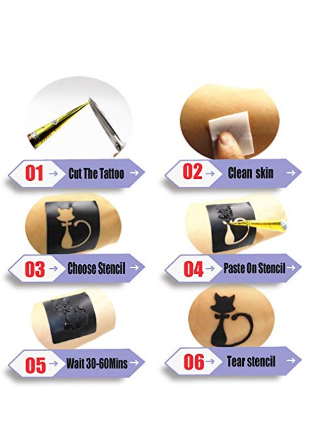 wumawu Temporary Tattoos Kit 6Pcs Semi Permanent Tattoo Paste Cones India Body DIY Art Painting for Women Men teens Summer Trend hand Plaste with 3 Colors1Pc Bottle4Pcs Nozzles20Pcs Adhesive Stencil - Image 4