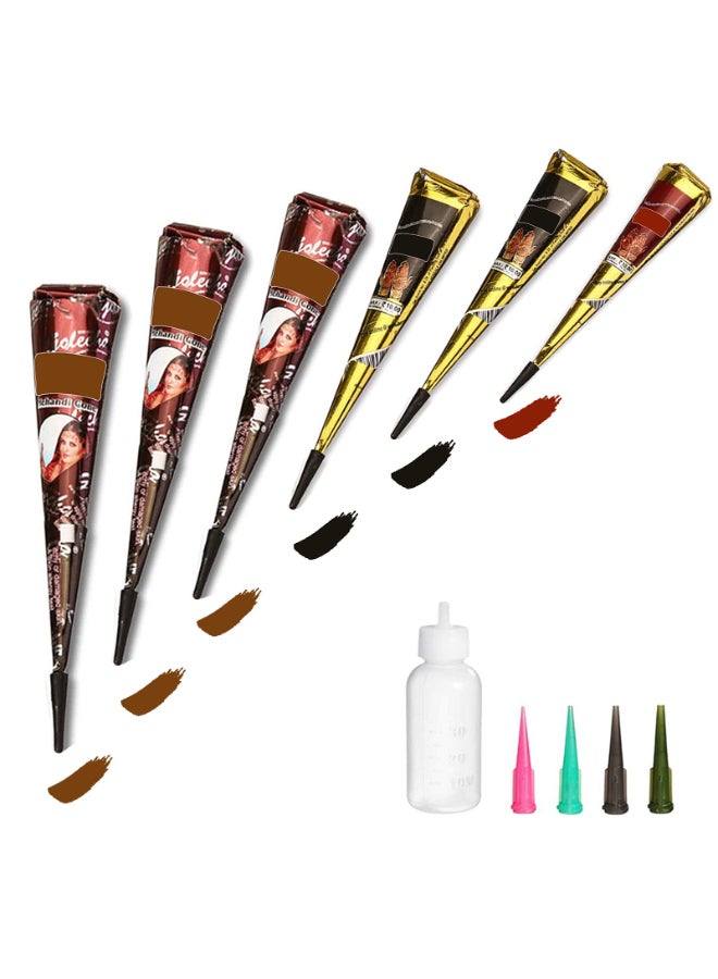 wumawu Temporary Tattoos Kit 6Pcs Semi Permanent Tattoo Paste Cones India Body DIY Art Painting for Women Men teens Summer Trend hand Plaste with 3 Colors1Pc Bottle4Pcs Nozzles20Pcs Adhesive Stencil - Image 2