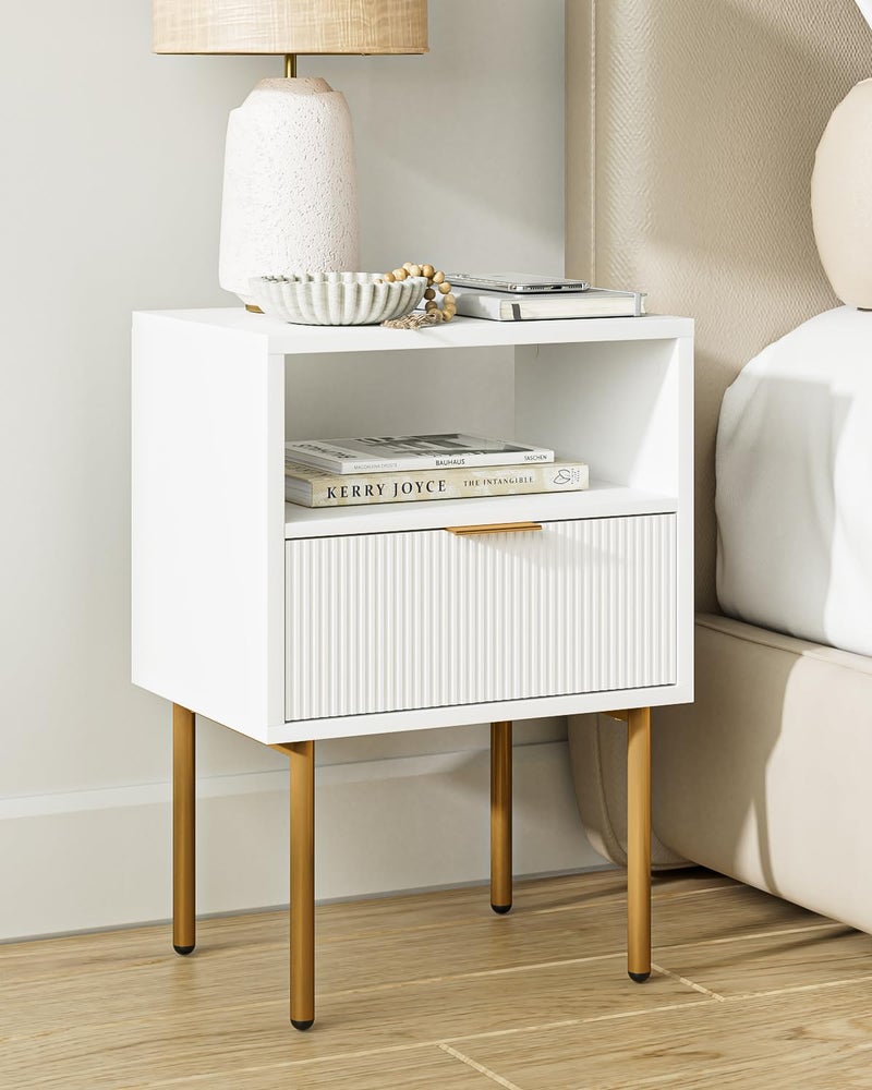 AEPOALUA NightstandMorden Bedside Table with Gold FrameSmall White Night StandEnd TableBedside FurnitureSide Table with Drawer and Shelf for BedroomLiving Room 1Drawer White