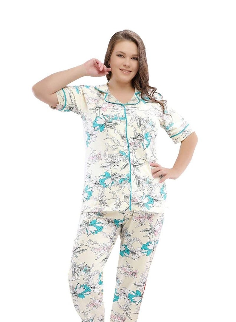 جنة بيجامة نسائية بزراير بأكمام قصيره وبنطلون طويل صيفيه مصنوعه من القطن مقاسات كبيره